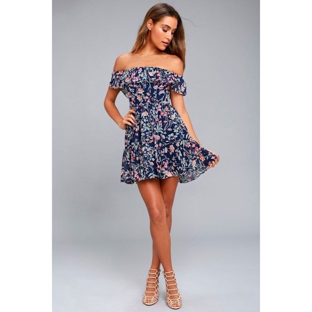 Lulus My Favorite Navy Blue Floral Print Off-the-shoulder Dress - Size XS